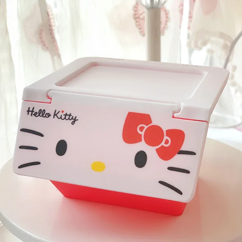 Hello Kitty Desktop Storage Box Cartoon pieghevole Cover scatola di plastica per rossetto cosmetici gioielli Cotton fioc Organizer regali