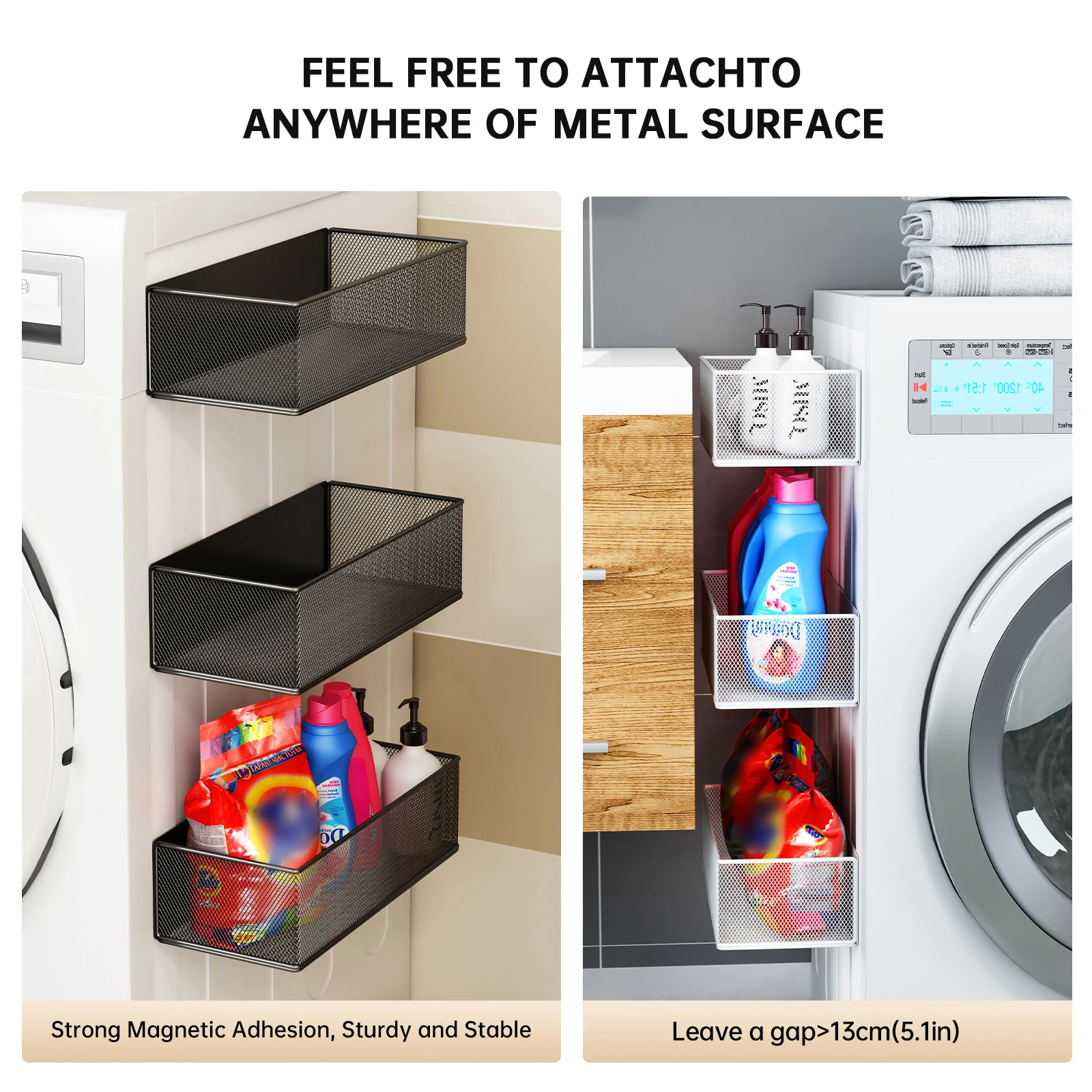 أداة سحرية لتخزين الشرفة: رف موزع منظفات الغسيل المغناطيسي، حامل كرة منظف الغسيل المغناطيسي المثبت على الجانب، سلة معلقة بدون حفر #4
