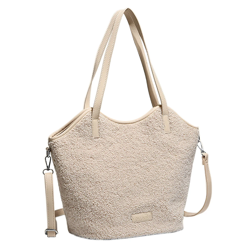 Bolsa tote de pelúcia de pelúcia/bolsa de ombro crossbody feminina/bolsa grande de pele sintética fofa/bolsa de ombro de compras/inverno outono/bege