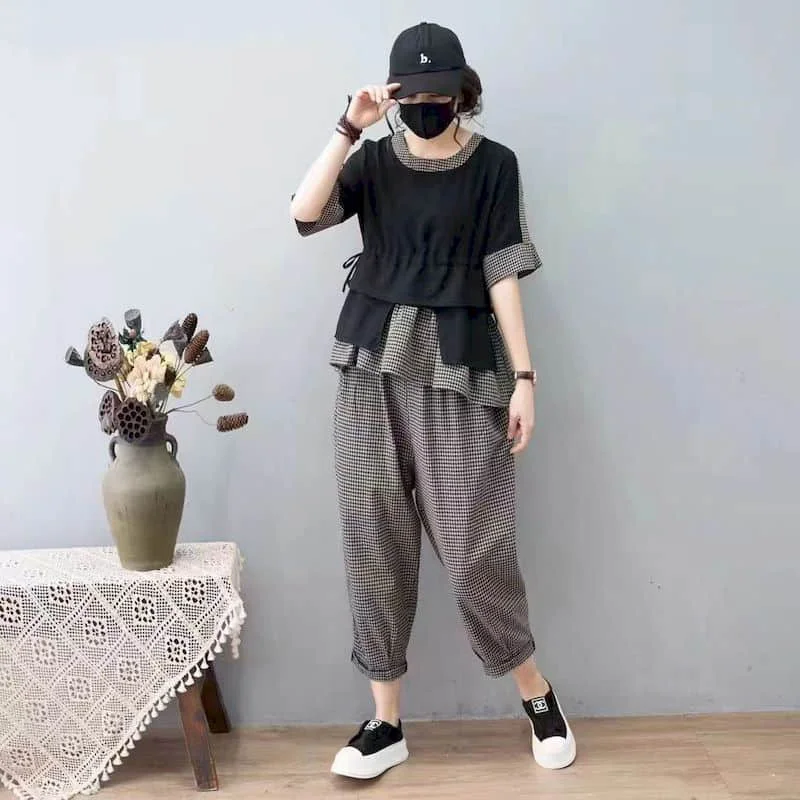 

Elegant Pants Sets O-neck Short Sleeve T-shirt and Harem Pants Summer Women's Tracksuit Casual Loose 2 Piece Sets Women Outfits