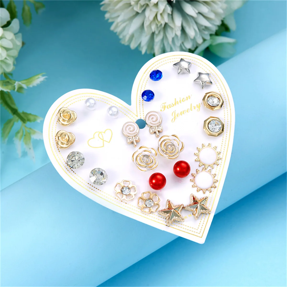 12Pairs/Set Delicate Elegant Flower Heart Butterfly Stud Earrings For Women Bohemia Mini Geometric Bow Zircon Earrings Jewelry