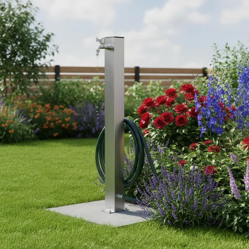 Gartenhahn 100 cm Edelstahl quadratisch mit komplettem Zubehör für Bewässerung und Autowäsche