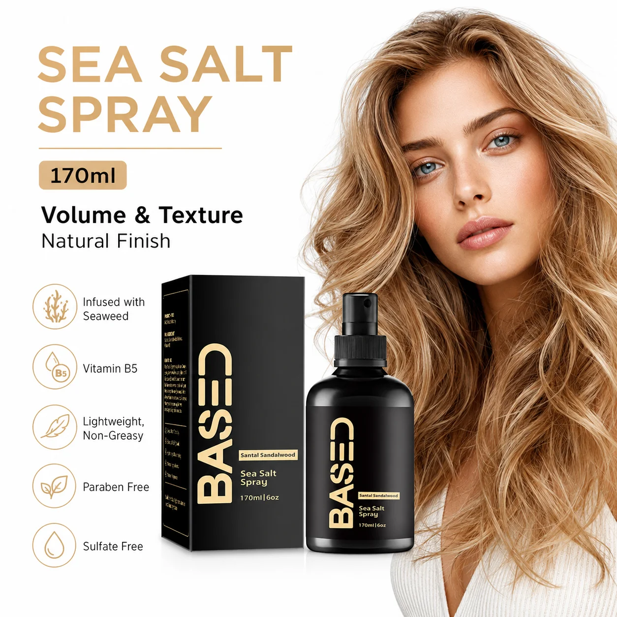 Spray de Sal Marina con Acabado Natural 170ml con Algas Marinas y Vitamina B5 Ligero No Grasoso Para Todo Tipo de Cabello Sin Parabenos ni Sulfatos