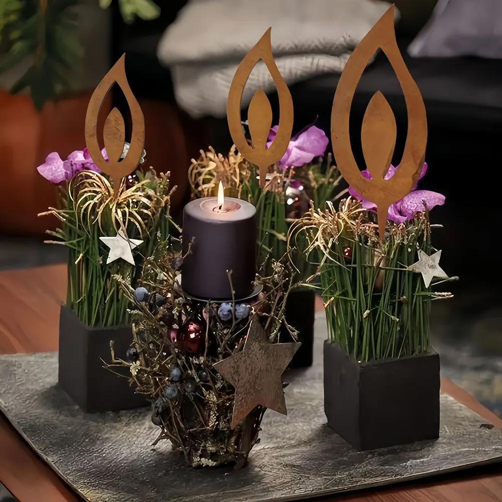 

3Pcs Iron Flame Yard Decor Rustic Metal Garden Stakes Porch Backyard Outdoor Plant Flower Bed Pathway Lighting