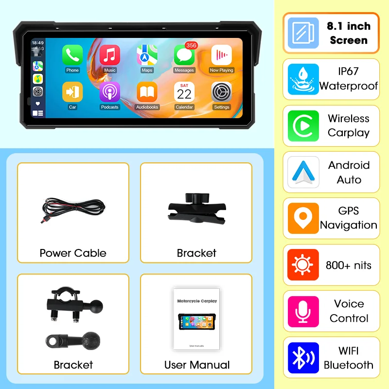 Jansite Motorfiets Display Scherm, Draadloze Carplay & Android Auto Moto GPS Navigator, IP67 Waterdichte Draagbare Motorfiets Dashboard, Dubbele Bluetooth 5.0, Ondersteunt Helm WIFI Intercom,