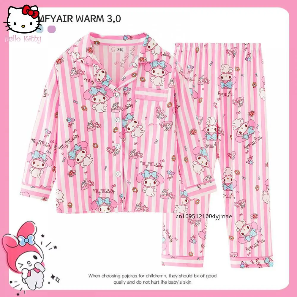 

2Pcs Cartoon Cinnamoroll Kuromi Children Pajamas Set Sanrio Kawaii Lapel Long Sleeved Fashion Casual Loose Cute Girls Homewear