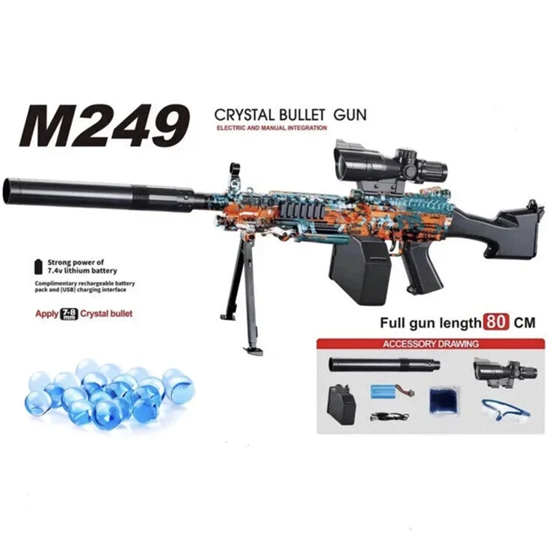 Metralhadora manual e elétrica para meninos, Rifle de Paintball Camuflado, Arma de Brinquedo, Brinquedo Aquático, Presentes para Adultos, Novo, M249, 2024