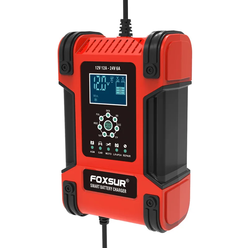 Foxsur Motorcycle Car Truck Battery Charger 12V 24V 12A Automatic AGM LFP Lithium Repair Pulse Charger for Lead Acid Wet Dry