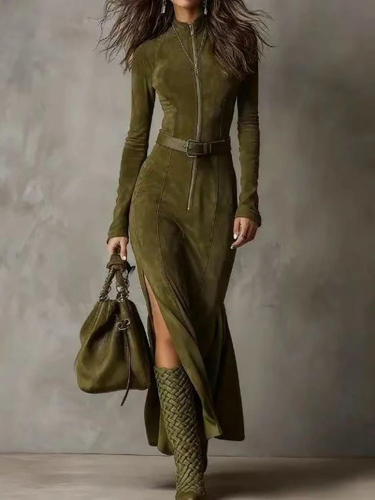 

Лоскутное платье макси с воротником-стойкой на молнии, весенне-осеннее женское шикарное вечернее платье с длинными рукавами, элегантное простое женское платье Vestidos