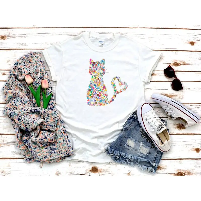 الملونة فقاعة القط امرأة 3 4 قصيرة الأكمام تي شيرت A113 #1