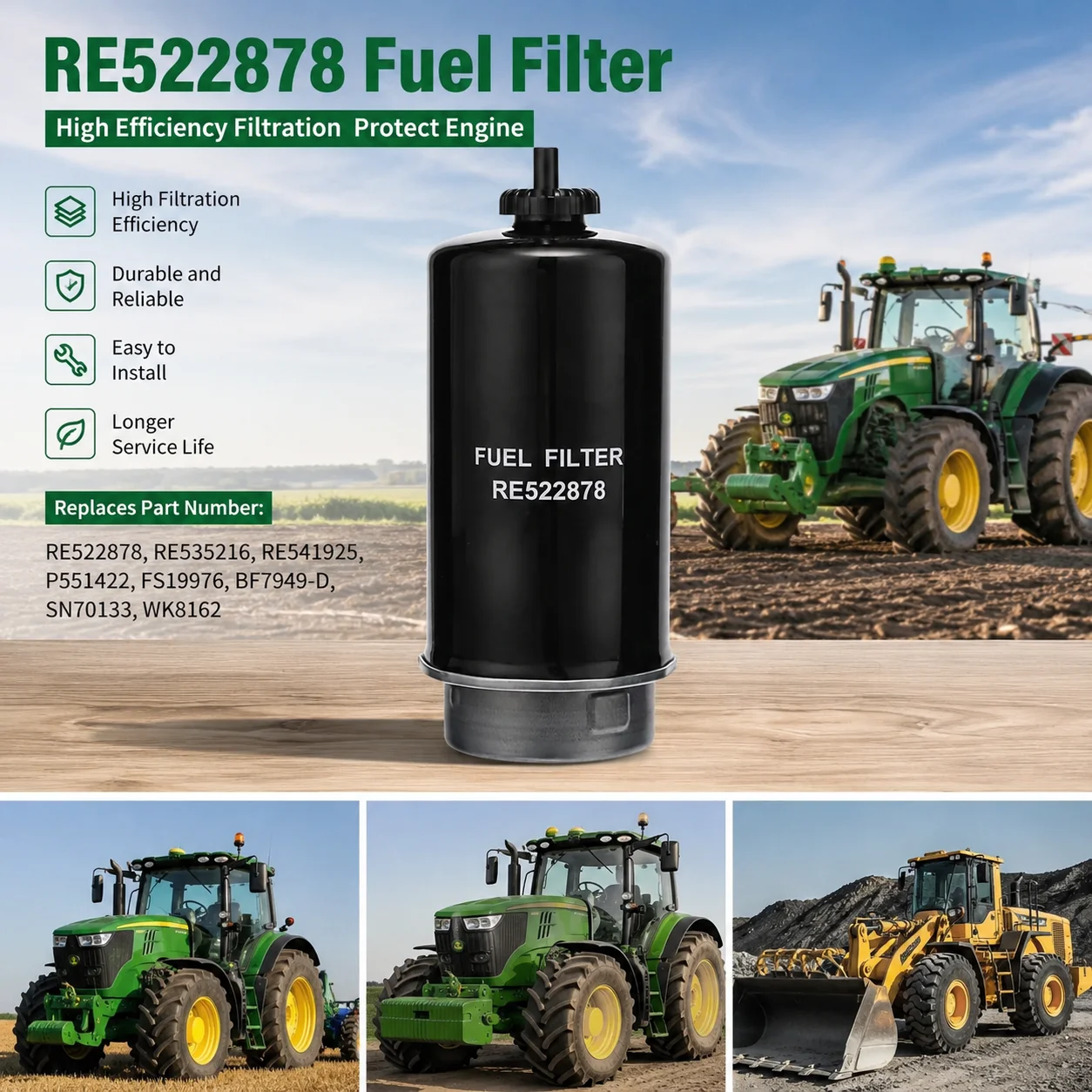 Filtro de Combustible Spin On RE522878 Reemplaza RE535216 P551422 FS19976 BF7949-D Para Tractor Cargador John Deere 6R 7R 6030