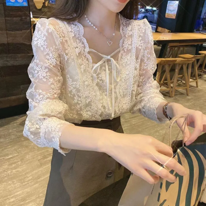 New French Women Square Collar Floral Lace Fairy Blouse Spring Autumn Casual Loose Tops Sweet Long Sleeve Lace-up Vintage Shirts