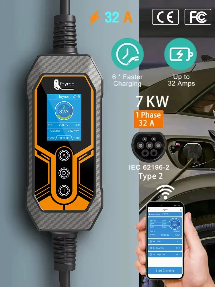 Feyree Tragbares EV-Ladegerät Typ 2 32A 7kW EVSE Wi-Fi APP-Steuerung Einstellbarer Strom Intelligente Zeitsteuerung für den Heim- und Außenbereich