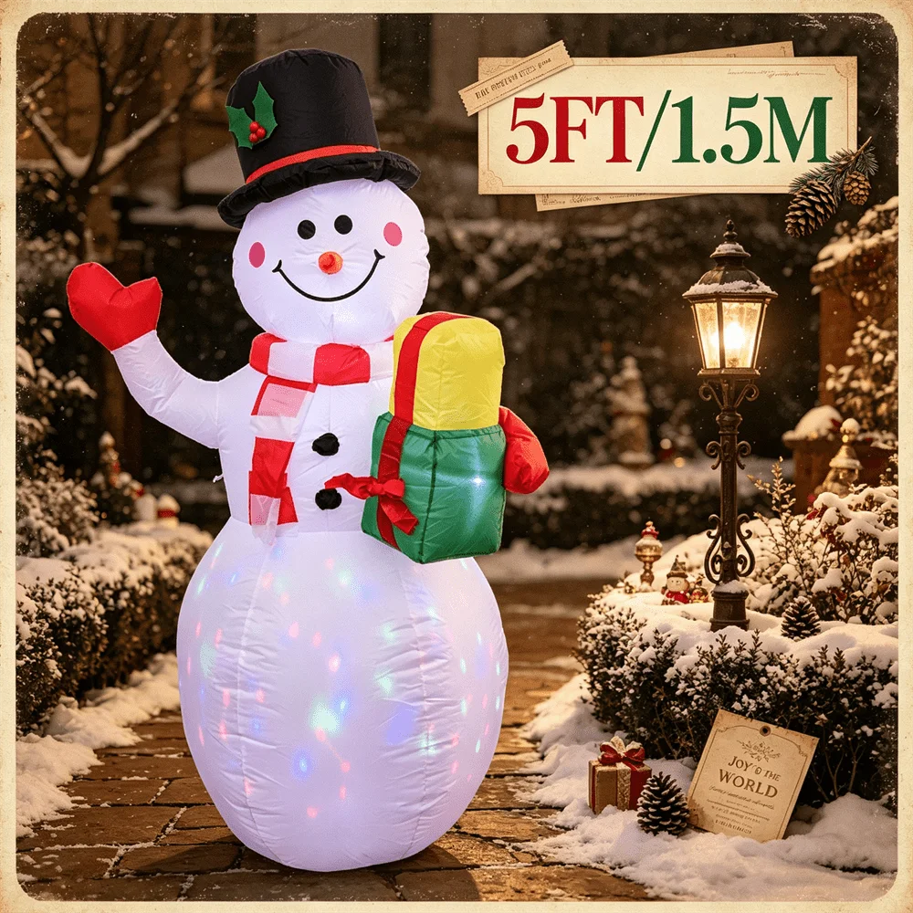 5FT Inflatable Toy Christmas Snowman with Top Hat Holding Gift Box Build-in Color LED Light Outdoor Holiday Yard Decoration view 2