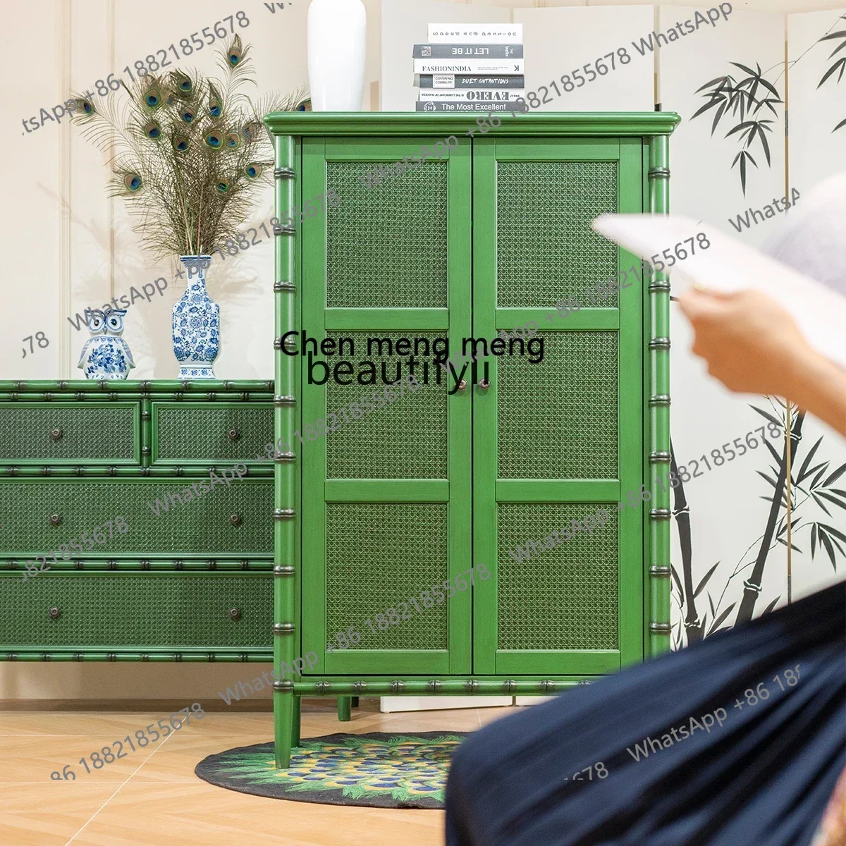 

xz1Retro handmade old green natural rattan magazine storage cabinet American furniture