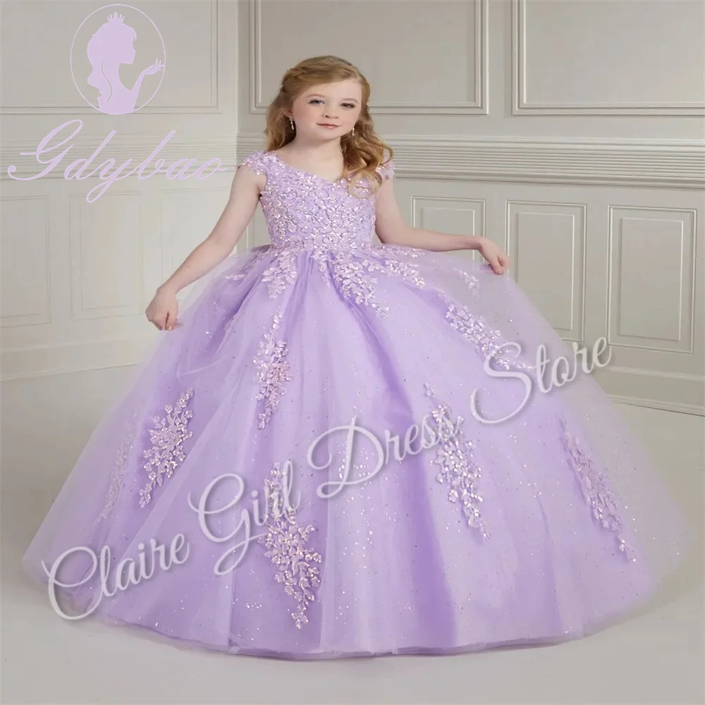 Customized Purple  Flower Girl Dress For Wedding Appliques Sequins Sleeveless Floor Length Kids Birthday Party Pageant Gown