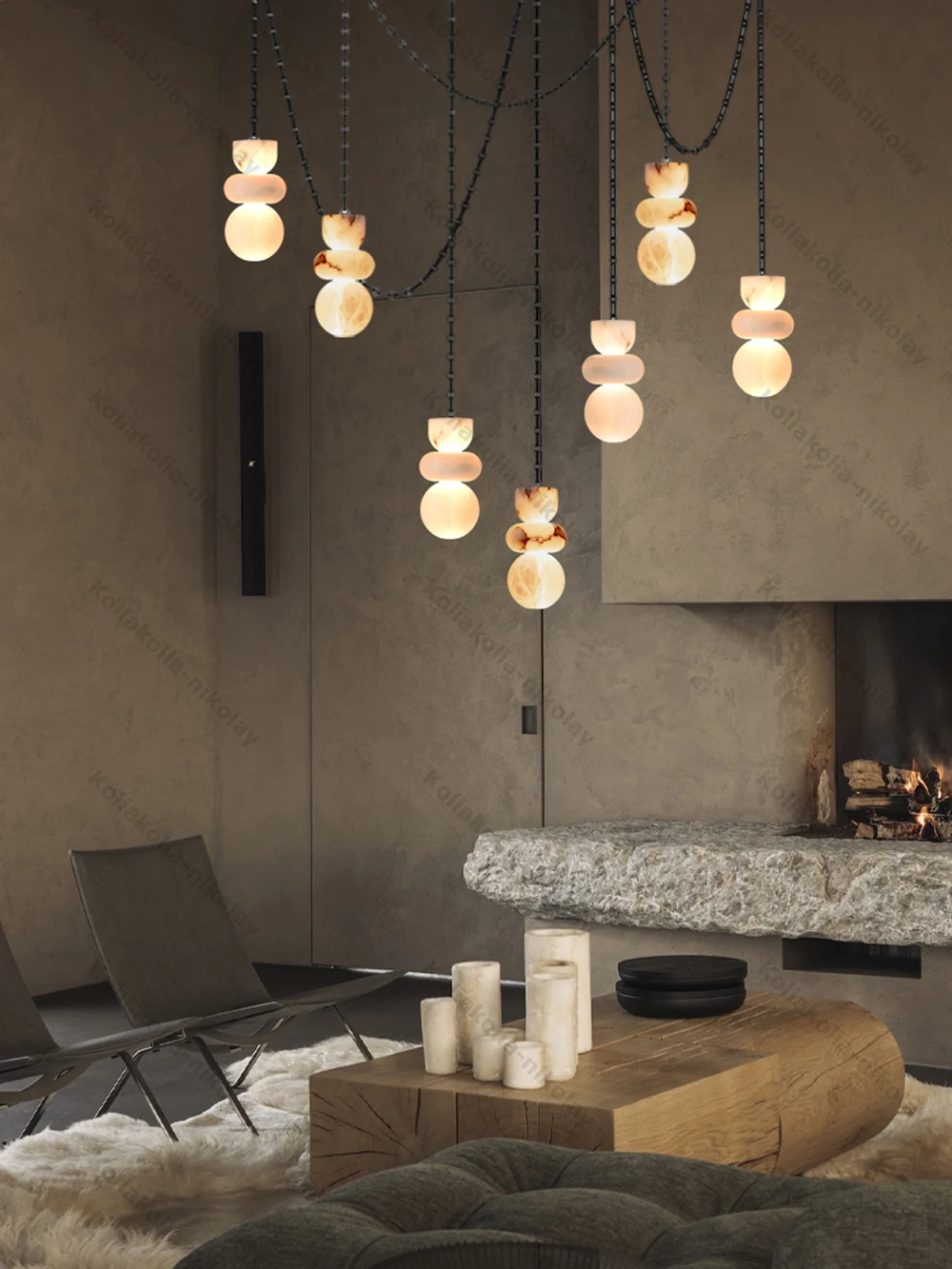 Creative Alabaster Pendant Lamp Marble Art DIY Chain Hanging Lamps For Parlor Staircase Kitchen Home Luxury LED Stone Chandelier