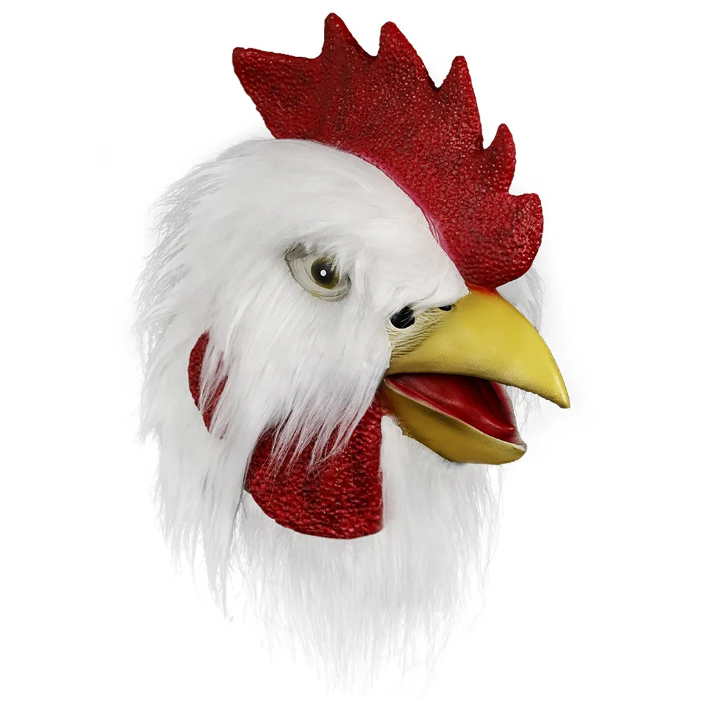 

New Chicken Head Halloween Latex Mask Headgear White Feather Rooster Zodiac Chicken Animal Mask Headgear