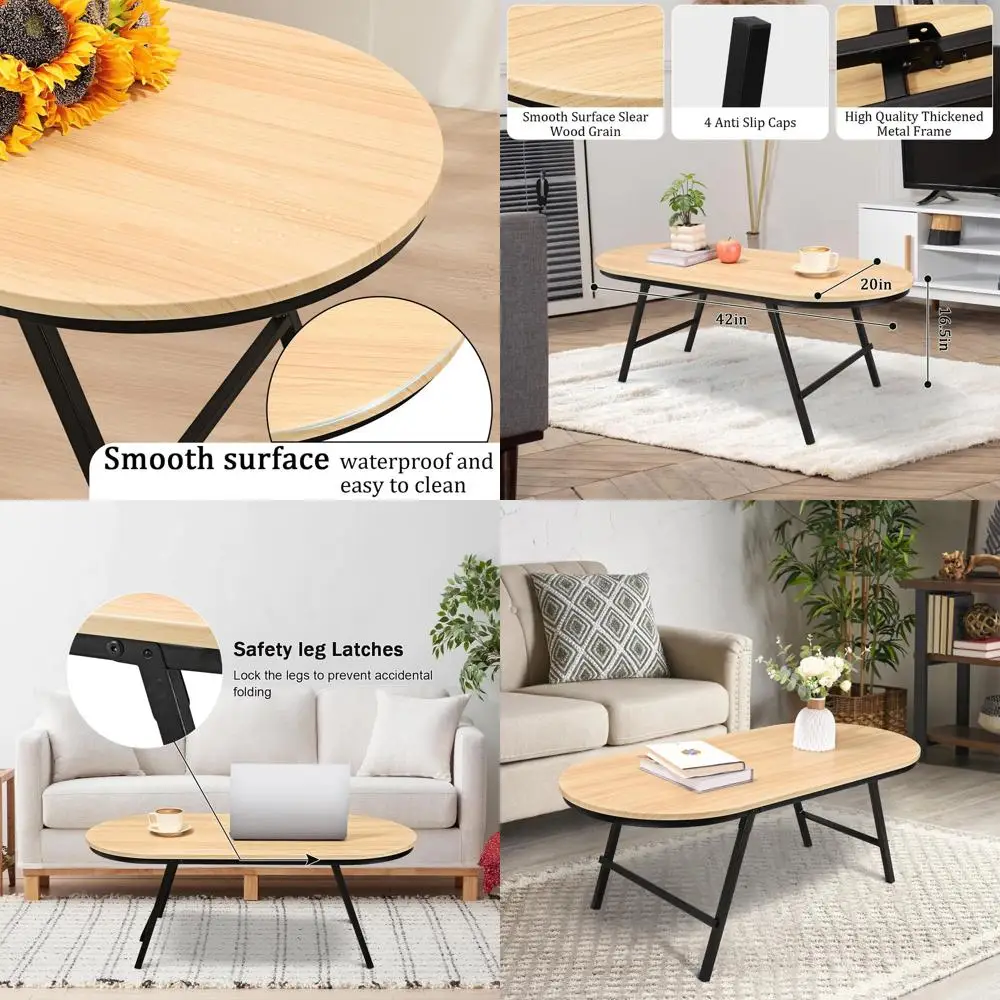 

Portable Natural Wood Oval Folding Coffee Table - Ideal for Small Spaces, Living Room, Outdoor Use