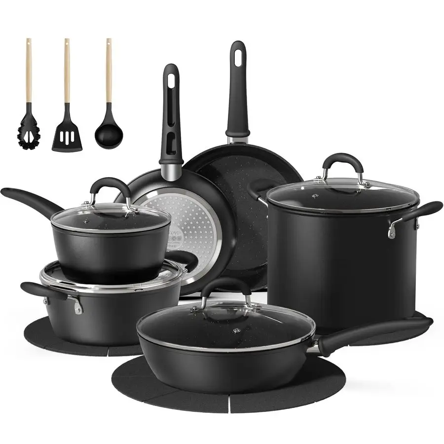 

Набор посуды из 18 предметов с антипригарным покрытием, включая кастрюлю на 12 литров, кухонные принадлежности с антипригарным покрытием, керамический, большой объем