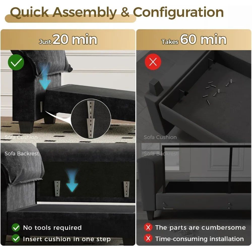 أريكة مقطعية مقاس 123 بوصة على شكل حرف L، أريكة سحابية مكونة من 4 مقاعد مع مسند، أرائك مقطعية من الشنيل لغرفة المعيشة