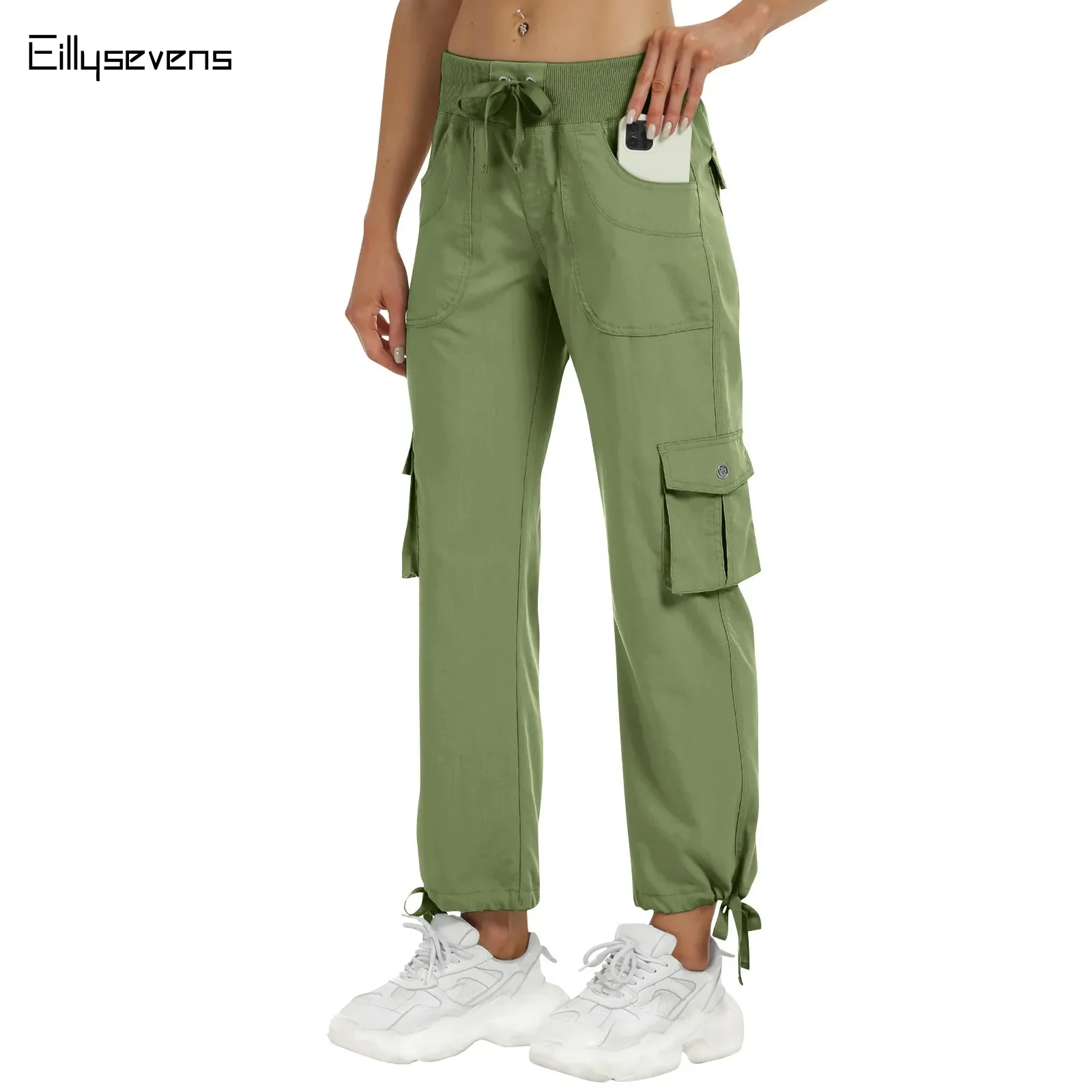 Calça feminina de cintura alta de inspiração vintage com cordão, calça retrô casual, bolsos múltiplos