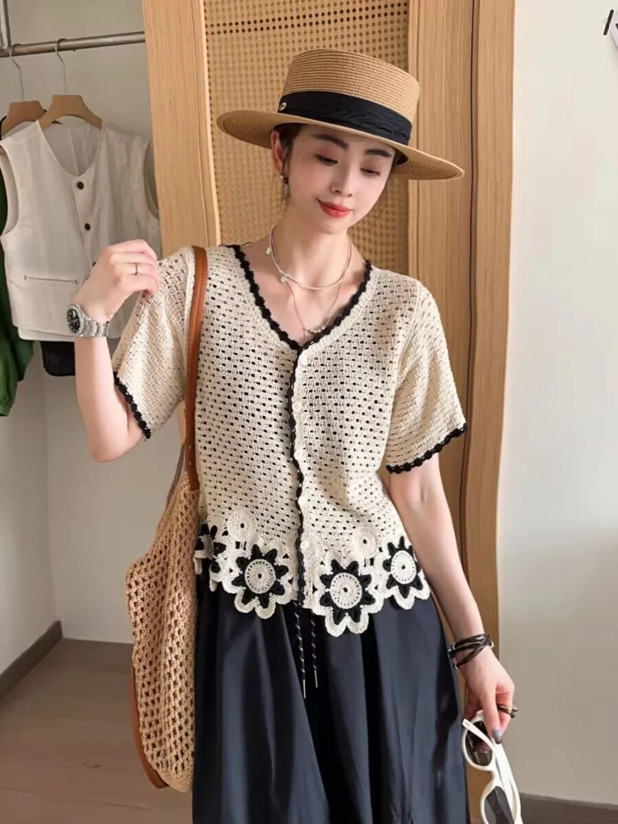 

Heavy Embroidery Ice Silk Knitted ort Cardigan Women's Summer Faion Outerwear Hollow out Hook Design V-Ne Single Button