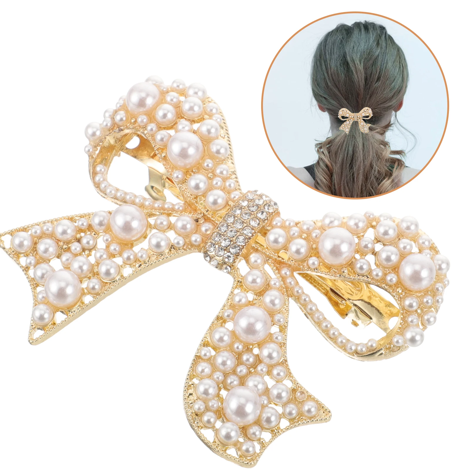 

Bow Hair Spring Clip Alloy Pearl Rhinestone Decor Lightweight Durable For Daily Wear Woman Lady Golden Silver
