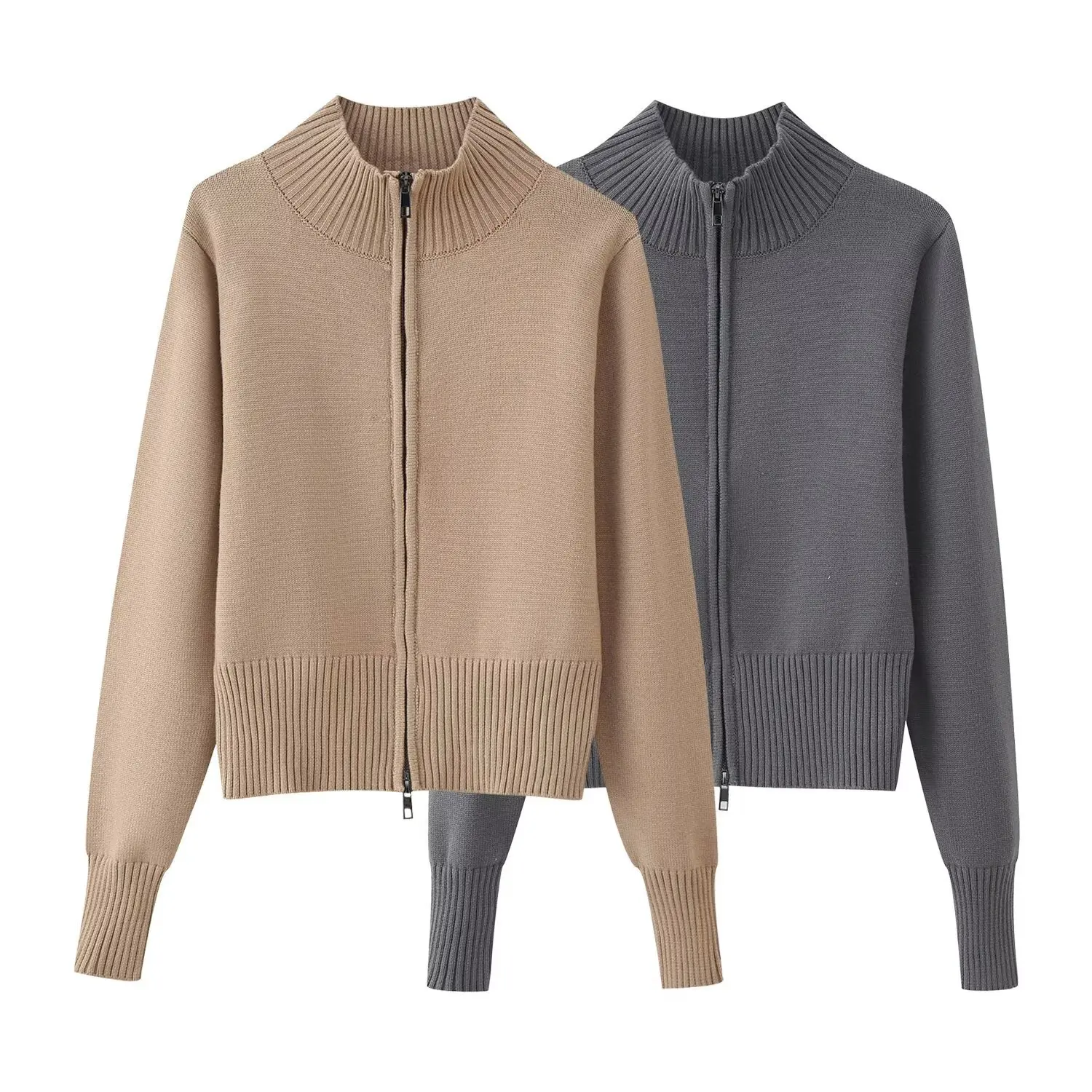 

Women's Cropped Knitted Cardigan Simple Stand-up Collar Long-sleeved Zip Solid Elastic Hem Jacket Commuting Autumn New Chic Top