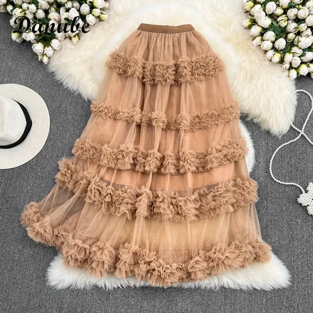 Elegant Ruffled Tulle Tutu Skirts Women Summer Vintage Multilayer High Waist A-line Mesh Cake Long Skirts Lady Aesthetic Faldas