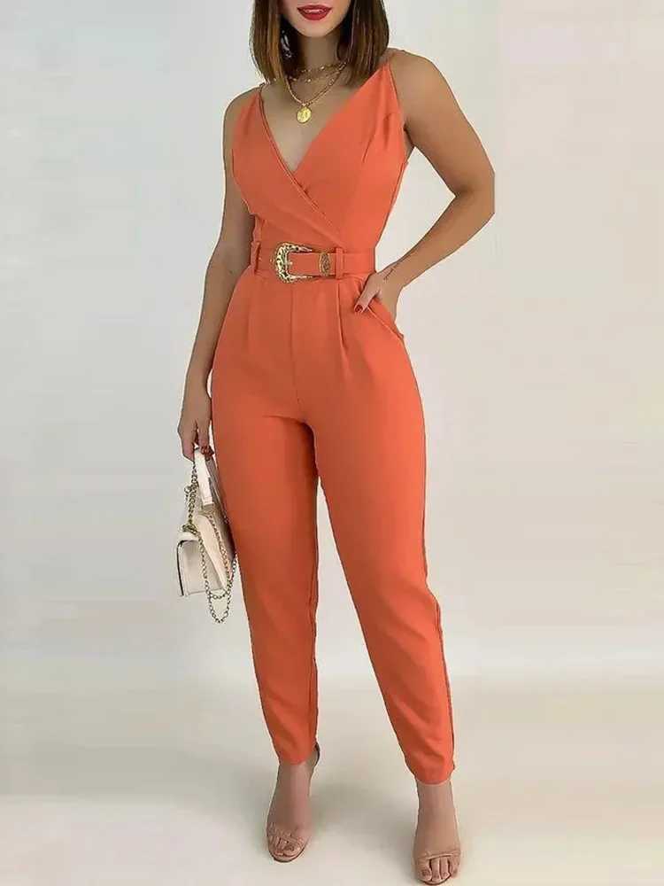 

V-Neck Pocket Detail Cami Jumpsuit with Belt Women Sleeveless Jump Suits Summer One Piece Overalls