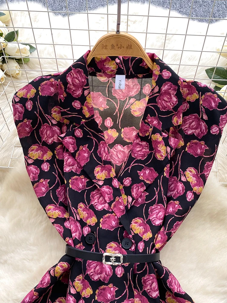 夏の女性のノッチ襟ノースリーブプリントシャツ新しいファッショナブルな通勤多用途休暇シフォンブラウストップ C295