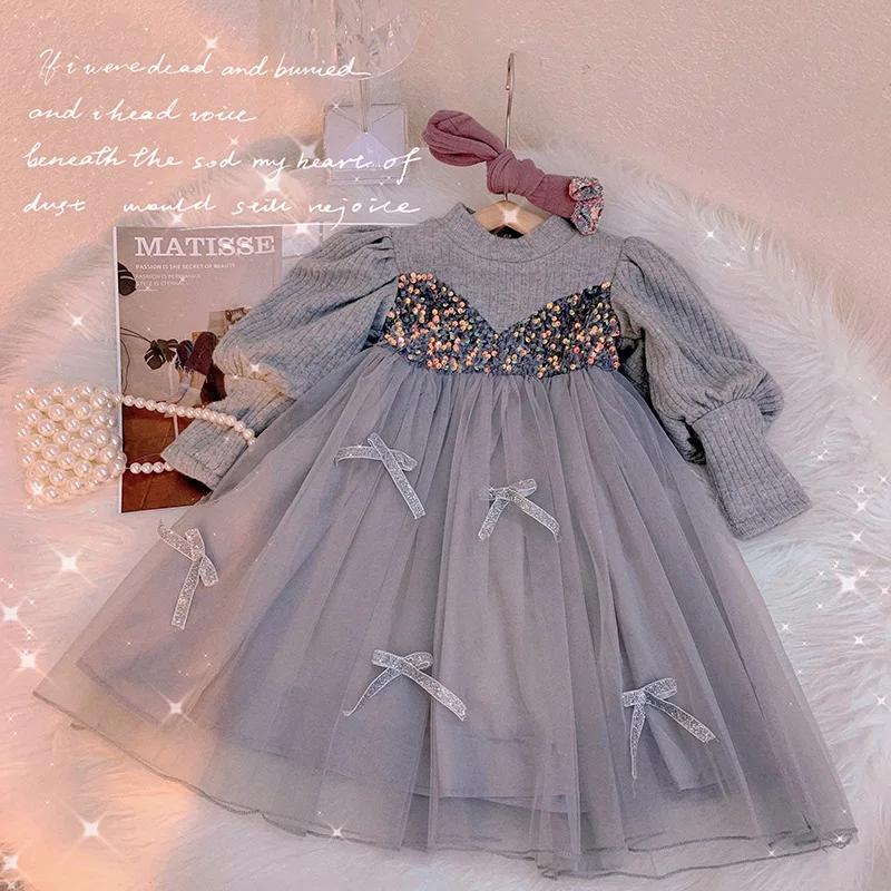 

New Winter Fashionable Stylish Dress for Toddlers and Young Girls, Gray Patchwork Faux Two-Piece Fleece-Lined Bow Princess Dress