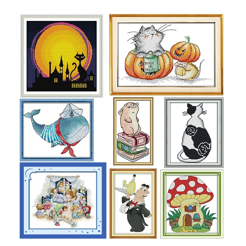 Joy Sunday Cross Stitch Kits Cat Mouse HD Pattern 16/14/11CT Counted Printed Fabric Art Crafts DMC Thread Sewing Embroidery Sets