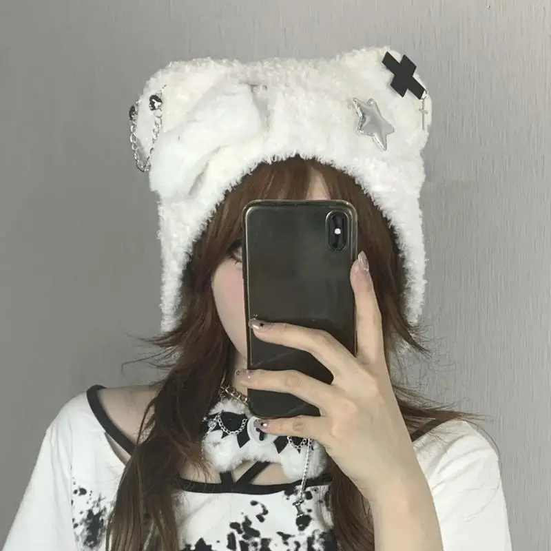 

Y3NE Punk Crossed Winter Hat Furry Knitted Hat Bear Ears Knitted Hat Windproof Snow Hat for Women Girl Snow Skiing Cycling
