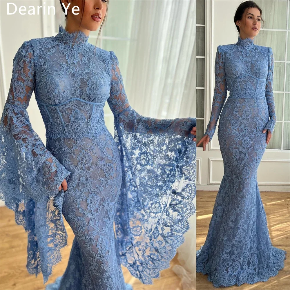 

Customized Evening Gown Formal Dearin High Collar Mermaid Floor Length Skirts Draped Tulle Lace Bespoke Occasion Dresses Saudi A