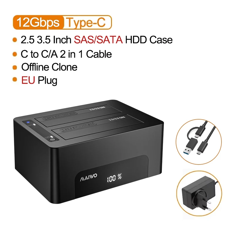 MAIWO Dual Bay 2.5/3.5 inch SAS/SATA harde schijf behuizing met offline kloonfunctie, LED-digitaal display voor 2.5/3.5 SSD/HDD schijven.