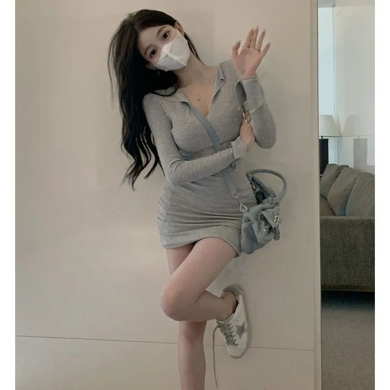 

Slim Fit Long Sleeve Dress Women's Autumn Winter New Design Base Layer Skirt V Neck Line Commute Style Pure Desire Fashion