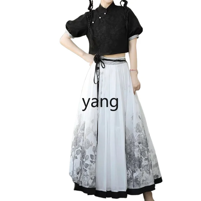 

LMM Han Element New Chinese Modified Black Top Shirt Printed Skirt Set Spring Summer