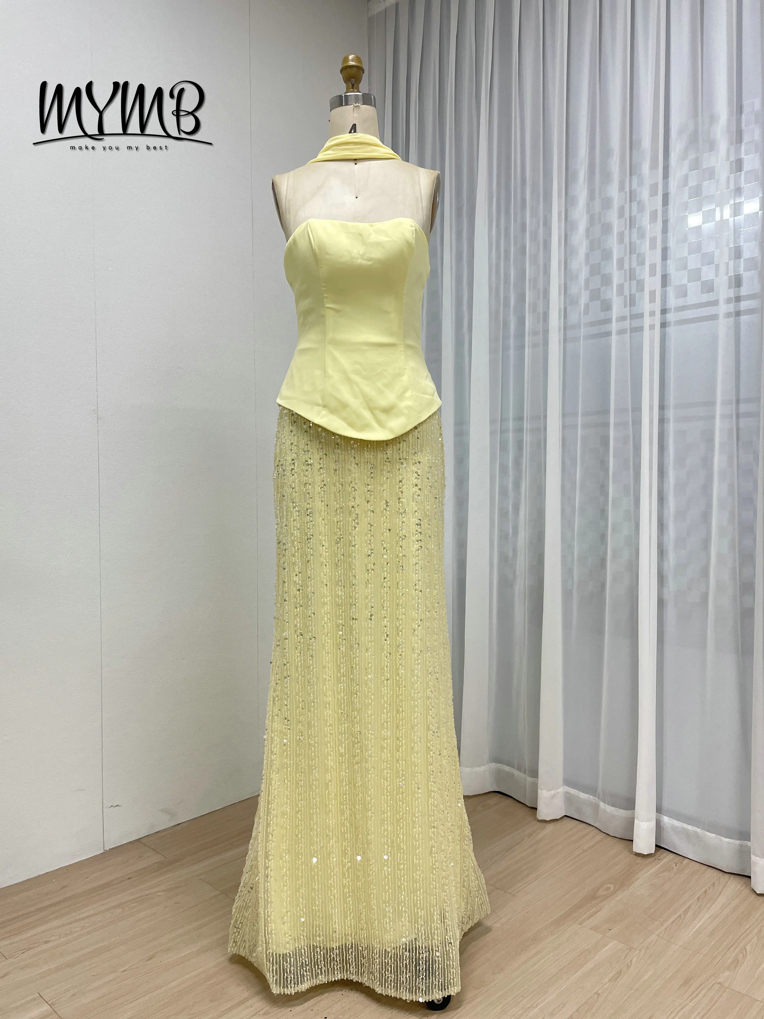 فستان سهرة حورية البحر أصفر أنيق أنيق من MYMB مزين باللؤلؤ مع وشاح شيفون 2026 للحفلات الراقصة MY30200