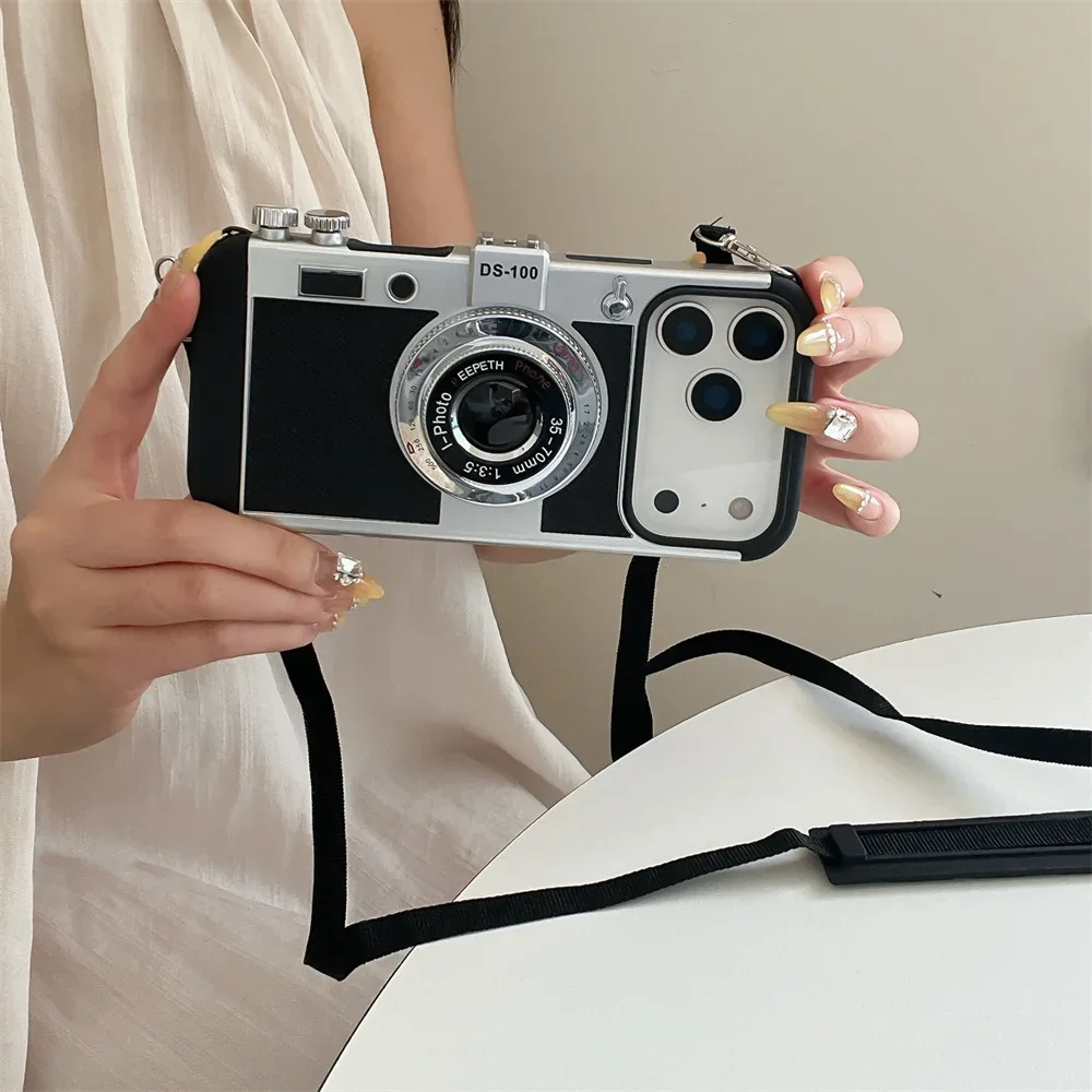 3D Retro Kamera Crossbody Lanyard Handyhülle für IPhone 17 Air 16 Pro Max 15 14 13 11 12 Mini XS Max XR SE Plus Niedliche lustige Hülle