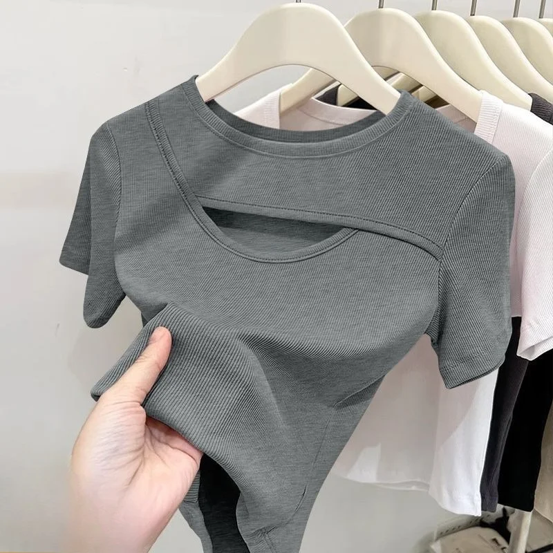 

Single/Two 2025 Summer Casual Front Shoulder Crew Neck Hollow Threaded Short Sleeve T-Shirt Skinny Bottom Shirt Slim Top