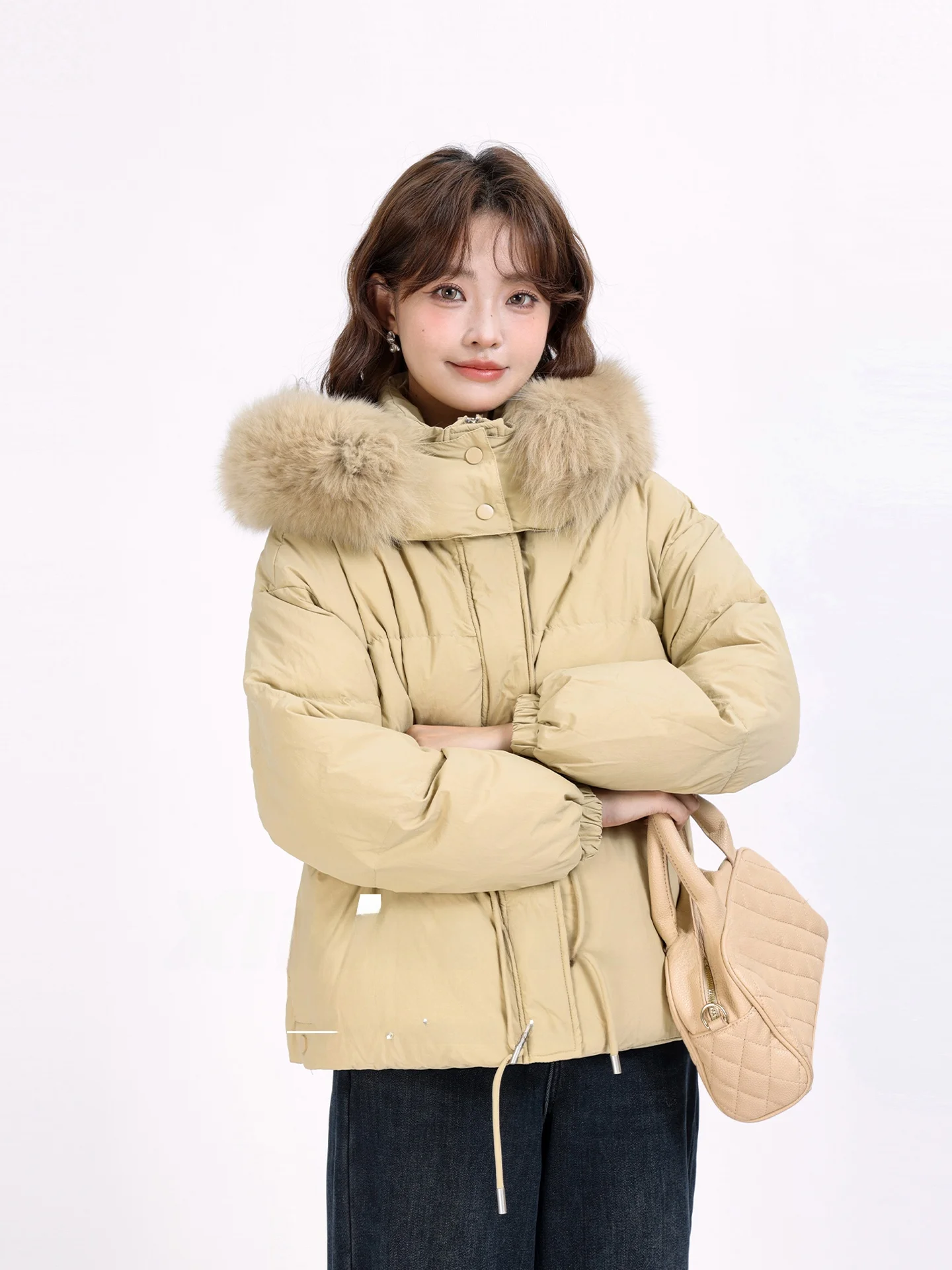 

Корейское пальто с капюшоном и воротником-стойкой Jaet ort, универсальное утягивающее пальто с меховой отделкой, теплое модное пальто