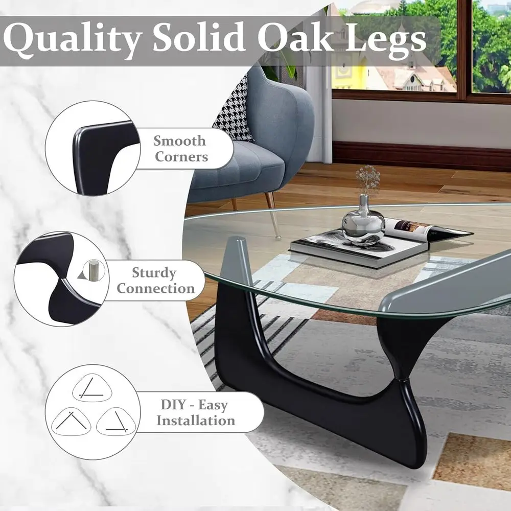 طاولة قهوة على شكل زجاجي مثلث مع قاعدة من الخشب الطبيعي لمساحات المعيشة والمكاتب (أسود/بني، متوسط، 35.8 × 25.5 × 16 بوصة)