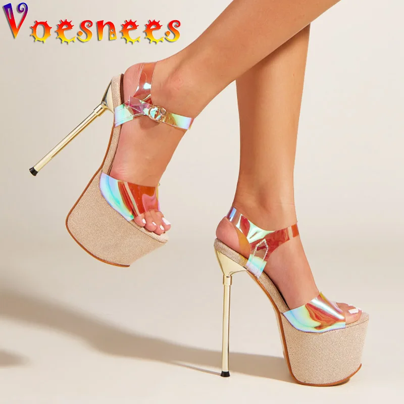 Sexy 17CM Shiny Platform Thin High Heels New Women Transparent PVC Sandals Nightclub Pole Dance Shoes Summer Stage Ladies Pumps