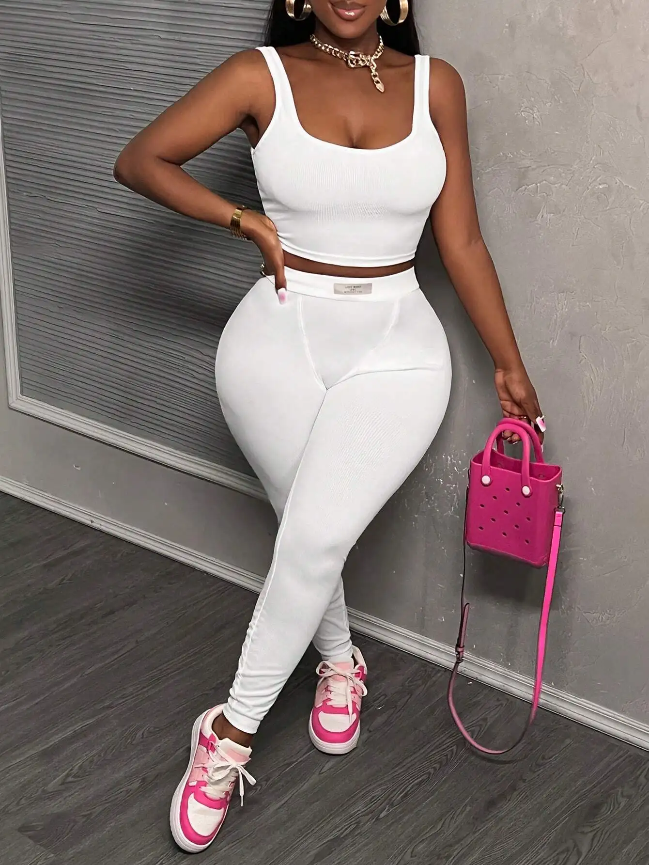 

Women's Ribbed Knit Crop Top And High Waist Skinny Pants 2 Piece Set