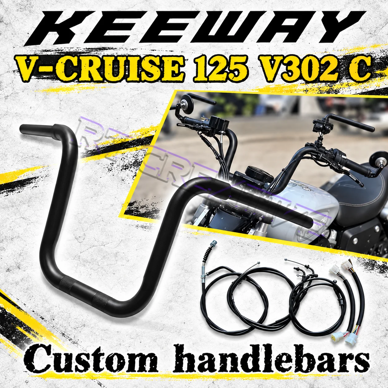Motorbike Modified Raised Handlebar with Extended Brake Clutch Control Cables Fit Keeway V302C V Cruise 125