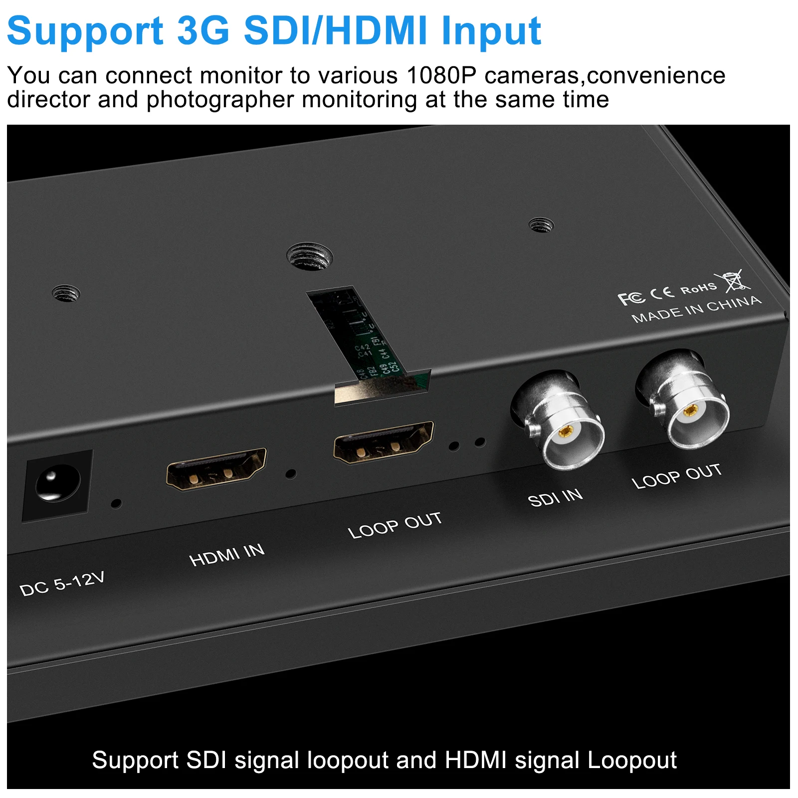 Moniteur SDI HDMI sur caméra DSLR, moniteur de terrain, SDI, entrée HDMI, affichage du moniteur vidéo 1024x768, boucle 3G SDI, HDMI, 7 pouces