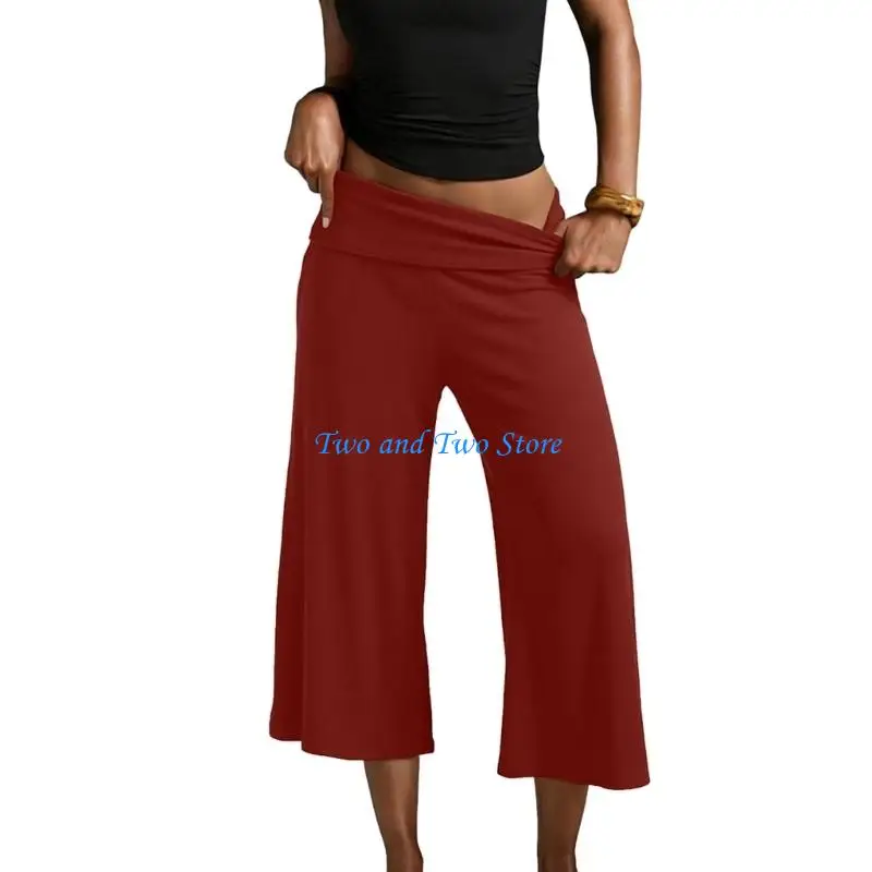 HX6F Womens Lounges Culotte Trousers Low Rise Fold Over Wide Leg Cropped Capris Pants