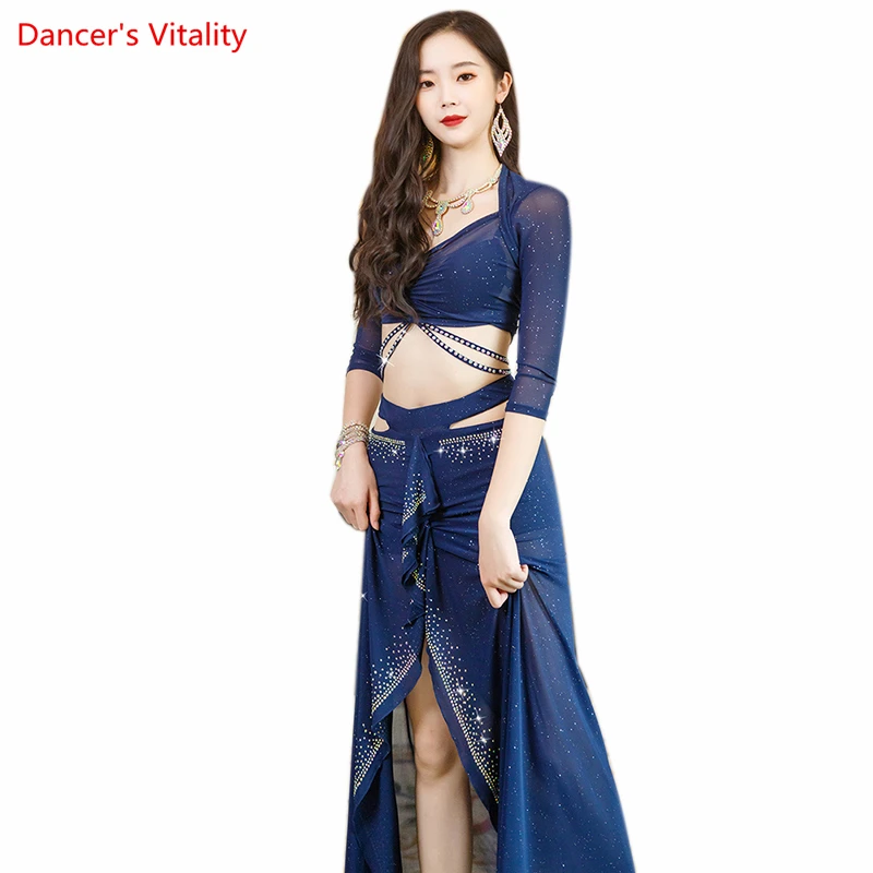 Fato de dança do ventre para mulheres, top de mangas meia Bellydance, saia longa em malha, conjunto profissional oriental, 2 peças